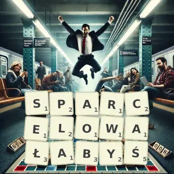 Kreatywna ilustracja do gry w Scrabble ze słowem SPARCELOWAŁABYŚ ułożonym z płytek na planszy.