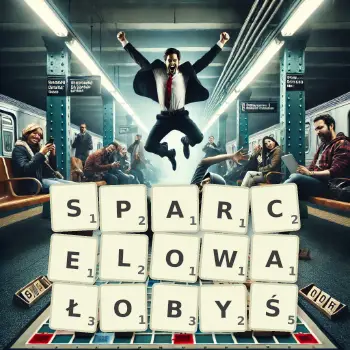 Kreatywna ilustracja do gry w Scrabble ze słowem SPARCELOWAŁOBYŚ ułożonym z płytek na planszy.