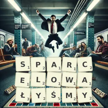 Kreatywna ilustracja do gry w Scrabble ze słowem SPARCELOWAŁYŚMY ułożonym z płytek na planszy.
