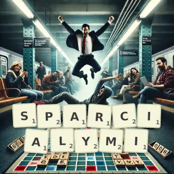 Kreatywna ilustracja do gry w Scrabble ze słowem SPARCIALYMI ułożonym z płytek na planszy.