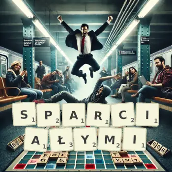 Kreatywna ilustracja do gry w Scrabble ze słowem SPARCIAŁYMI ułożonym z płytek na planszy.