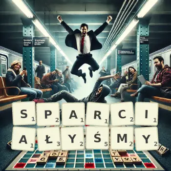 Kreatywna ilustracja do gry w Scrabble ze słowem SPARCIAŁYŚMY ułożonym z płytek na planszy.