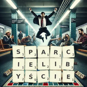 Kreatywna ilustracja do gry w Scrabble ze słowem SPARCIELIBYŚCIE ułożonym z płytek na planszy.