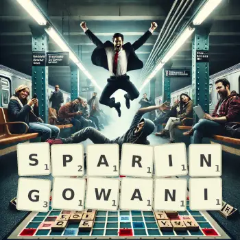 Kreatywna ilustracja do gry w Scrabble ze słowem SPARINGOWANI ułożonym z płytek na planszy.