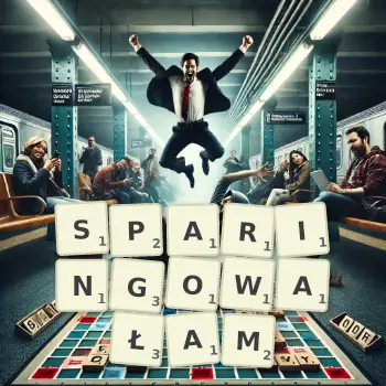 Kreatywna ilustracja do gry w Scrabble ze słowem SPARINGOWAŁAM ułożonym z płytek na planszy.