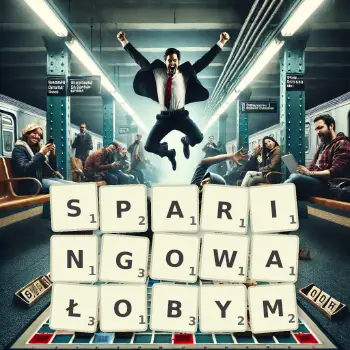 Kreatywna ilustracja do gry w Scrabble ze słowem SPARINGOWAŁOBYM ułożonym z płytek na planszy.