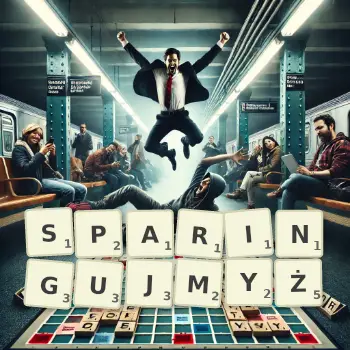 Kreatywna ilustracja do gry w Scrabble ze słowem SPARINGUJMYŻ ułożonym z płytek na planszy.