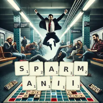 Kreatywna ilustracja do gry w Scrabble ze słowem SPARMANII ułożonym z płytek na planszy.