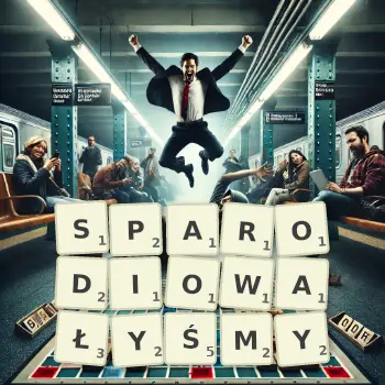 Kreatywna ilustracja do gry w Scrabble ze słowem SPARODIOWAŁYŚMY ułożonym z płytek na planszy.