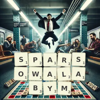 Kreatywna ilustracja do gry w Scrabble ze słowem SPARSOWALABYM ułożonym z płytek na planszy.