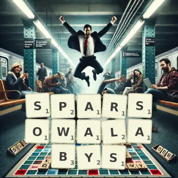 Kreatywna ilustracja do gry w Scrabble ze słowem SPARSOWALABYS ułożonym z płytek na planszy.