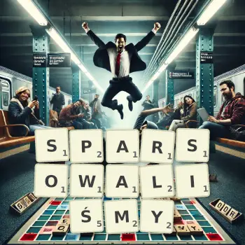Kreatywna ilustracja do gry w Scrabble ze słowem SPARSOWALIŚMY ułożonym z płytek na planszy.
