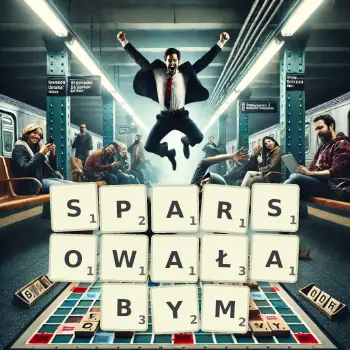 Kreatywna ilustracja do gry w Scrabble ze słowem SPARSOWAŁABYM ułożonym z płytek na planszy.