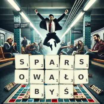 Kreatywna ilustracja do gry w Scrabble ze słowem SPARSOWAŁOBYŚ ułożonym z płytek na planszy.