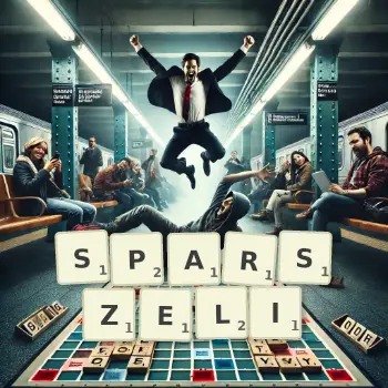 Kreatywna ilustracja do gry w Scrabble ze słowem SPARSZELI ułożonym z płytek na planszy.