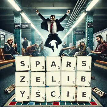 Kreatywna ilustracja do gry w Scrabble ze słowem SPARSZELIBYŚCIE ułożonym z płytek na planszy.