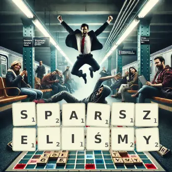 Kreatywna ilustracja do gry w Scrabble ze słowem SPARSZELIŚMY ułożonym z płytek na planszy.