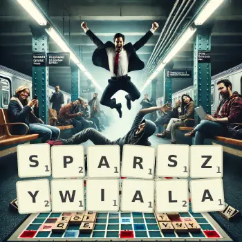 Kreatywna ilustracja do gry w Scrabble ze słowem SPARSZYWIALA ułożonym z płytek na planszy.