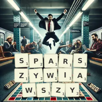 Kreatywna ilustracja do gry w Scrabble ze słowem SPARSZYWIAWSZY ułożonym z płytek na planszy.