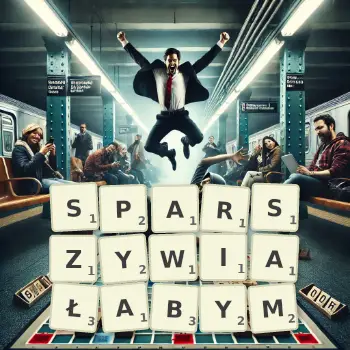 Kreatywna ilustracja do gry w Scrabble ze słowem SPARSZYWIAŁABYM ułożonym z płytek na planszy.