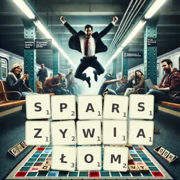 Kreatywna ilustracja do gry w Scrabble ze słowem SPARSZYWIAŁOM ułożonym z płytek na planszy.