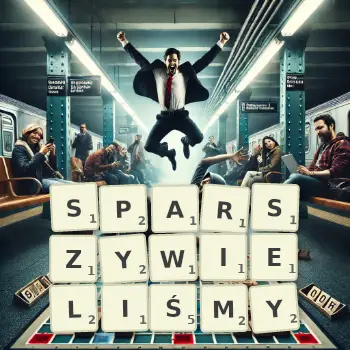 Kreatywna ilustracja do gry w Scrabble ze słowem SPARSZYWIELIŚMY ułożonym z płytek na planszy.