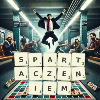 Kreatywna ilustracja do gry w Scrabble ze słowem SPARTACZENIEM ułożonym z płytek na planszy.