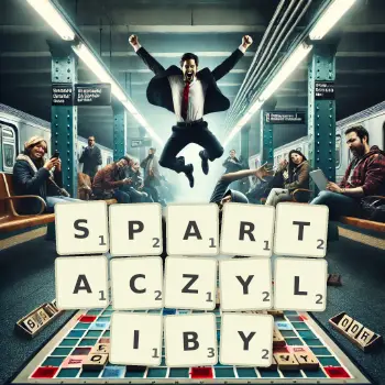 Kreatywna ilustracja do gry w Scrabble ze słowem SPARTACZYLIBY ułożonym z płytek na planszy.