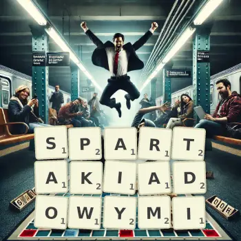 Kreatywna ilustracja do gry w Scrabble ze słowem SPARTAKIADOWYMI ułożonym z płytek na planszy.