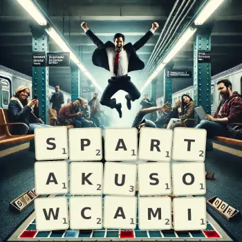 Kreatywna ilustracja do gry w Scrabble ze słowem SPARTAKUSOWCAMI ułożonym z płytek na planszy.