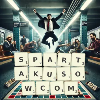 Kreatywna ilustracja do gry w Scrabble ze słowem SPARTAKUSOWCOM ułożonym z płytek na planszy.