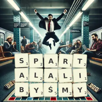 Kreatywna ilustracja do gry w Scrabble ze słowem SPARTALALIBYŚMY ułożonym z płytek na planszy.