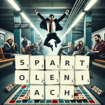 Kreatywna ilustracja do gry w Scrabble ze słowem SPARTOLENIACH ułożonym z płytek na planszy.