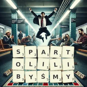 Kreatywna ilustracja do gry w Scrabble ze słowem SPARTOLILIBYŚMY ułożonym z płytek na planszy.