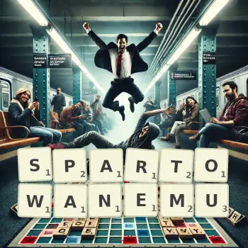 Kreatywna ilustracja do gry w Scrabble ze słowem SPARTOWANEMU ułożonym z płytek na planszy.