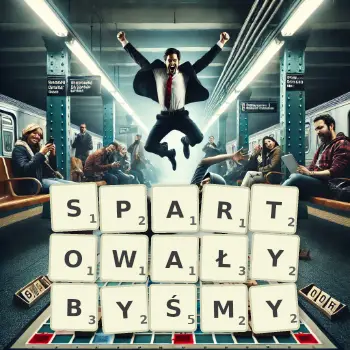 Kreatywna ilustracja do gry w Scrabble ze słowem SPARTOWAŁYBYŚMY ułożonym z płytek na planszy.