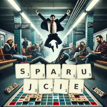 Kreatywna ilustracja do gry w Scrabble ze słowem SPARUJCIE ułożonym z płytek na planszy.