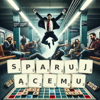 Kreatywna ilustracja do gry w Scrabble ze słowem SPARUJĄCEMU ułożonym z płytek na planszy.