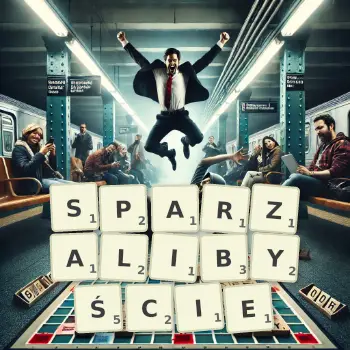 Kreatywna ilustracja do gry w Scrabble ze słowem SPARZALIBYŚCIE ułożonym z płytek na planszy.