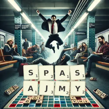 Kreatywna ilustracja do gry w Scrabble ze słowem SPASAJMY ułożonym z płytek na planszy.