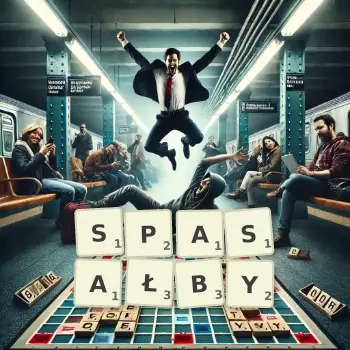 Kreatywna ilustracja do gry w Scrabble ze słowem SPASAŁBY ułożonym z płytek na planszy.