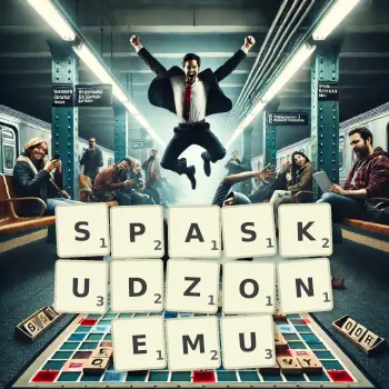 Kreatywna ilustracja do gry w Scrabble ze słowem SPASKUDZONEMU ułożonym z płytek na planszy.