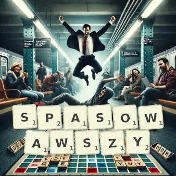 Kreatywna ilustracja do gry w Scrabble ze słowem SPASOWAWSZY ułożonym z płytek na planszy.