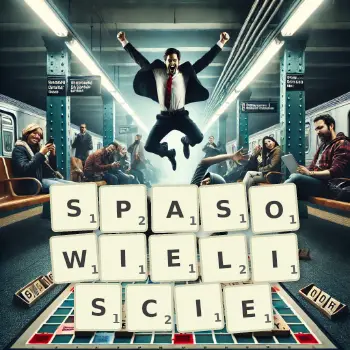 Kreatywna ilustracja do gry w Scrabble ze słowem SPASOWIELISCIE ułożonym z płytek na planszy.