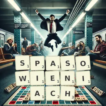 Kreatywna ilustracja do gry w Scrabble ze słowem SPASOWIENIACH ułożonym z płytek na planszy.