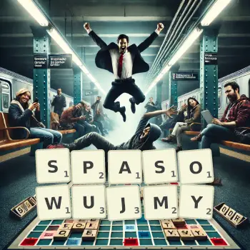 Kreatywna ilustracja do gry w Scrabble ze słowem SPASOWUJMY ułożonym z płytek na planszy.