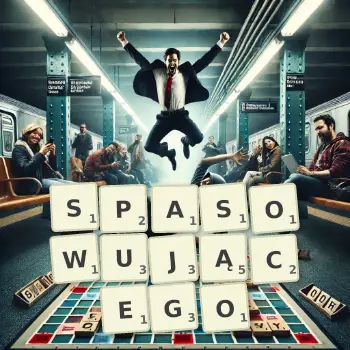 Kreatywna ilustracja do gry w Scrabble ze słowem SPASOWUJĄCEGO ułożonym z płytek na planszy.