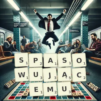 Kreatywna ilustracja do gry w Scrabble ze słowem SPASOWUJĄCEMU ułożonym z płytek na planszy.