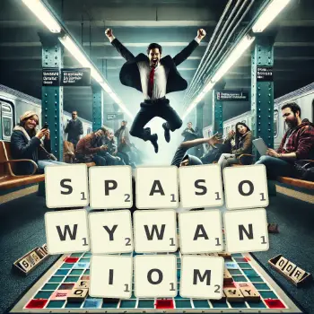 Kreatywna ilustracja do gry w Scrabble ze słowem SPASOWYWANIOM ułożonym z płytek na planszy.