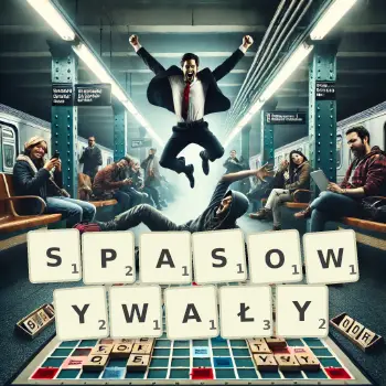 Kreatywna ilustracja do gry w Scrabble ze słowem SPASOWYWAŁY ułożonym z płytek na planszy.